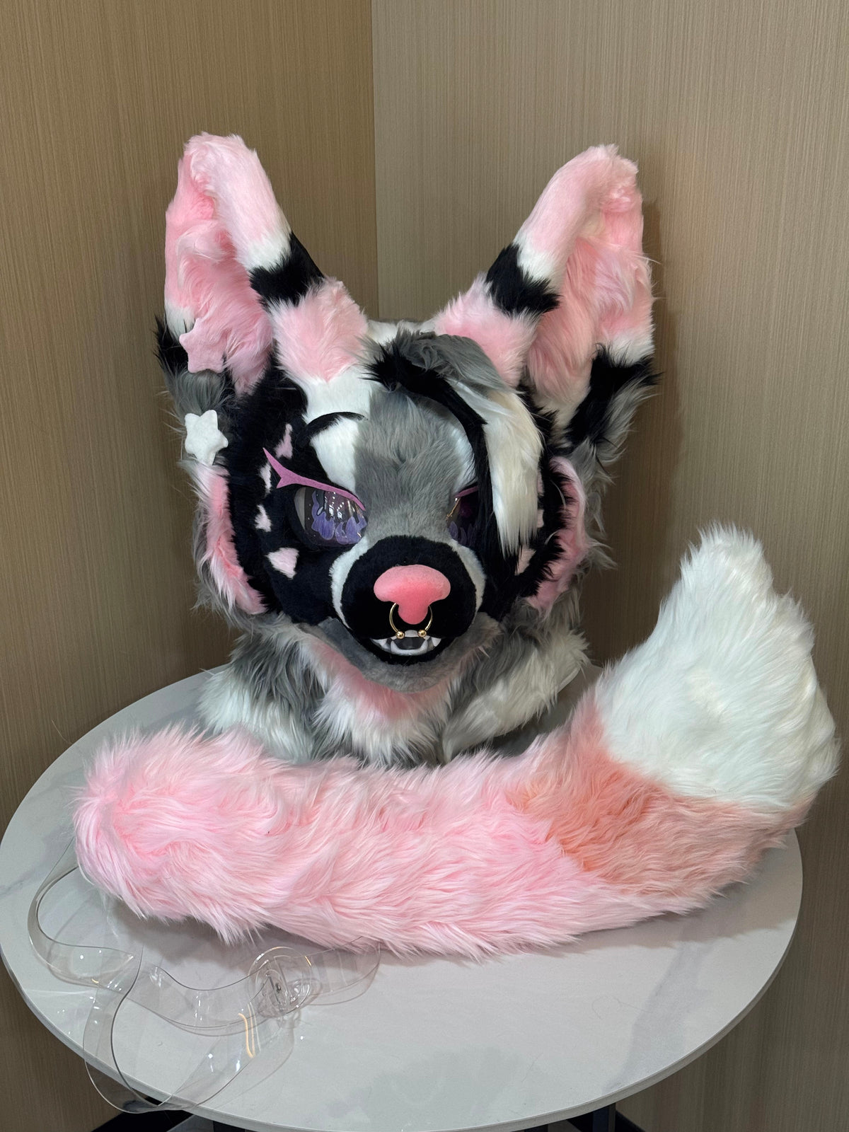 Pink black and grey cat fursuit partial with head and fluffy tail