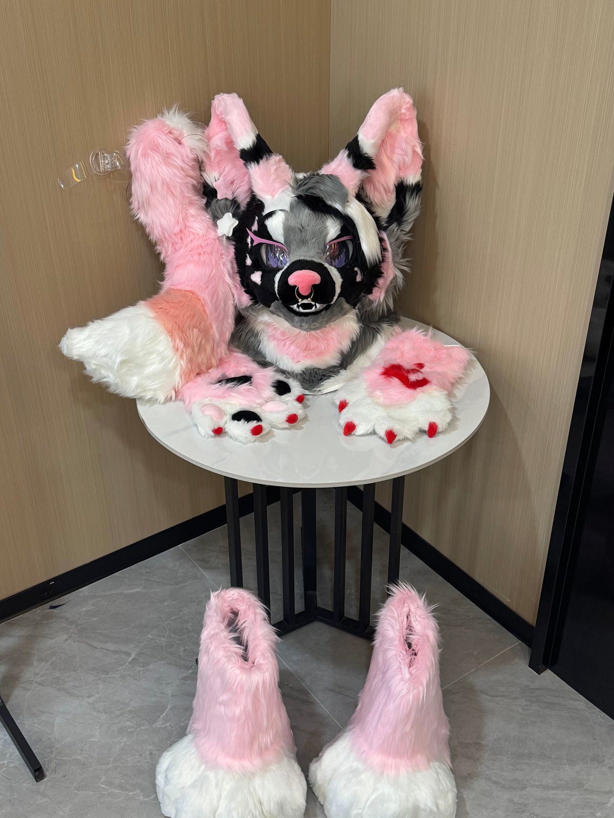 Complete pink and black cat fursuit partial set with head, hand paws, tail and foot paws
