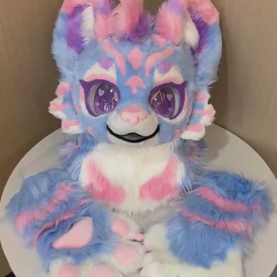 Pastel blue and pink kemono cat fursuit head and arm paws — video