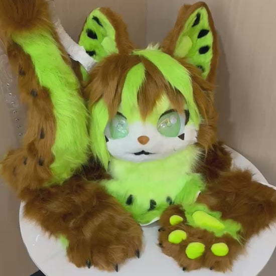 Brown and lime feline fursuit head, hand paws and tail set — video