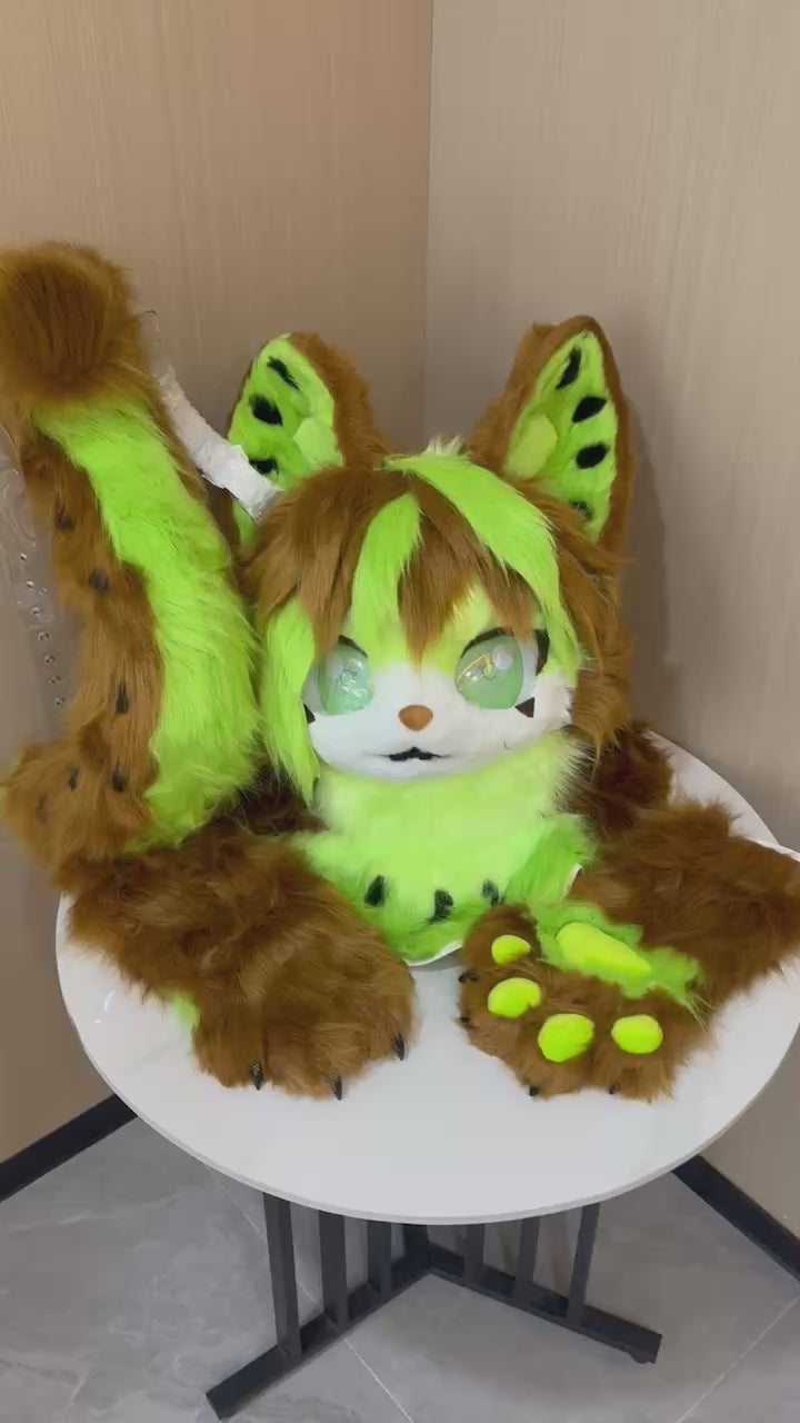 Brown and lime feline fursuit head, hand paws and tail set — video