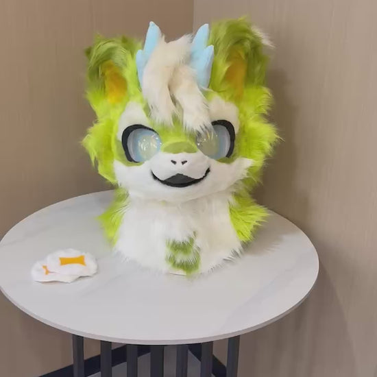 Lime green feline fursuit head with blue horns — finished build video