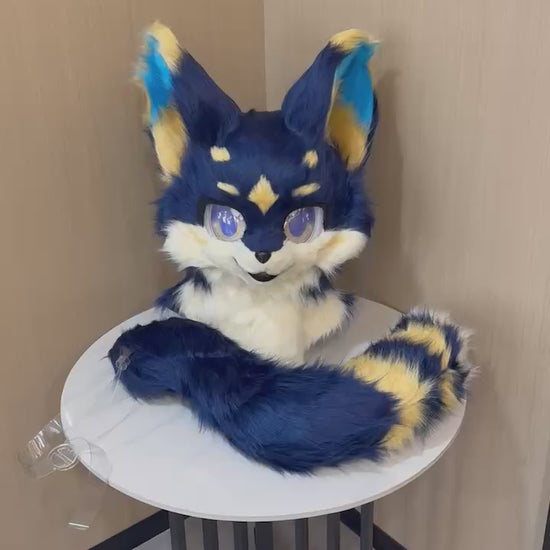 Navy and gold fox fursuit head and tail set — finished build video