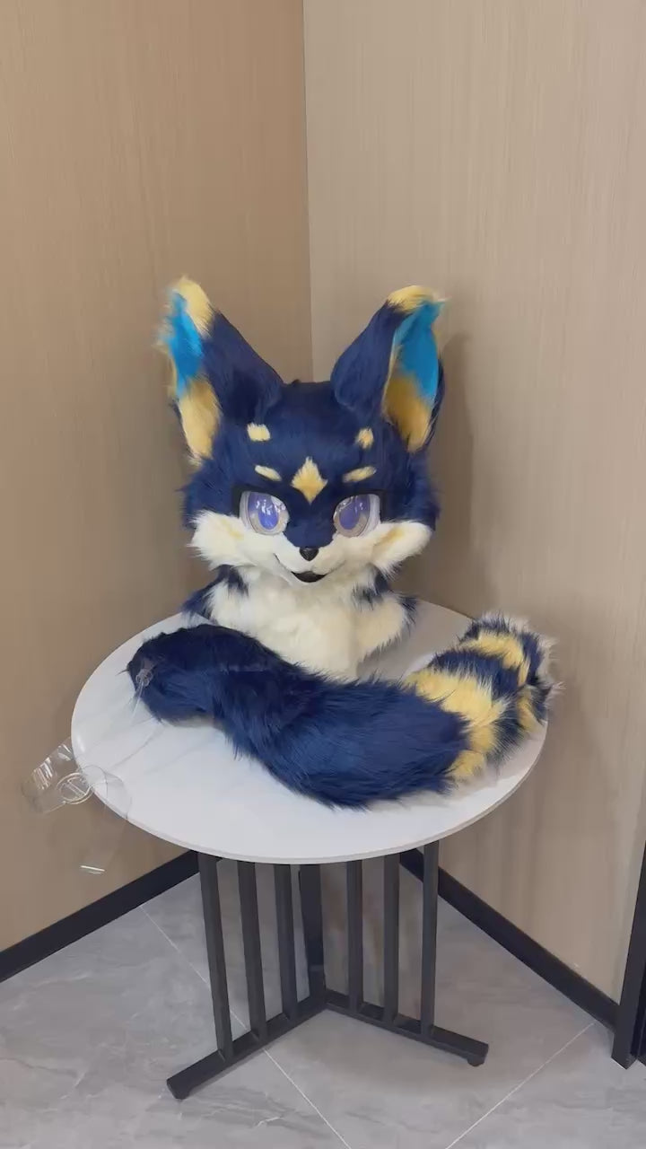 Navy and gold fox fursuit head and tail set — finished build video
