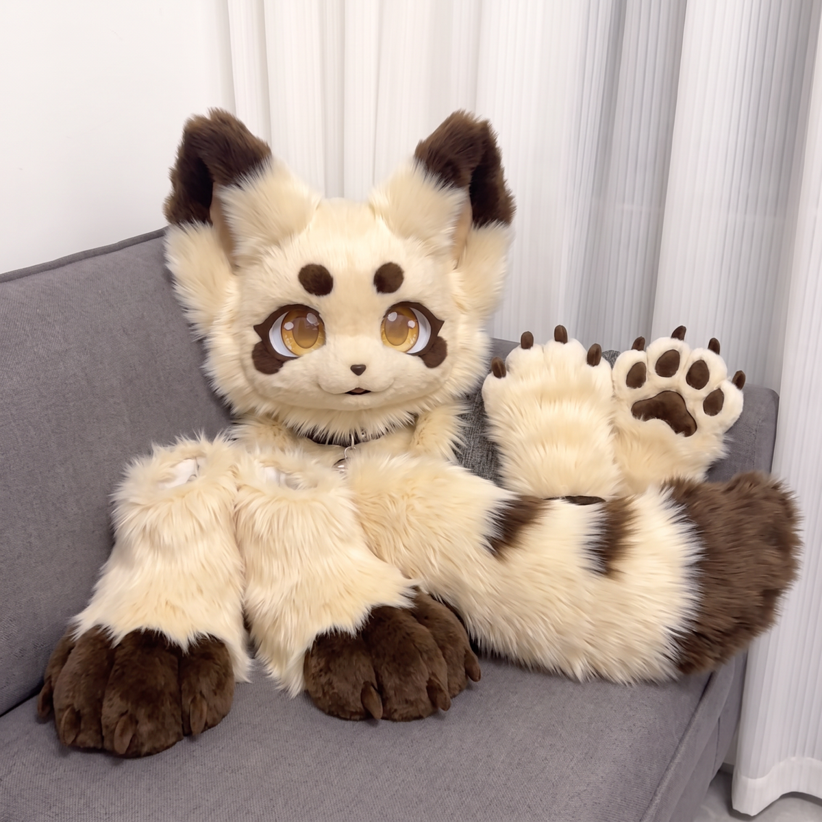 Kemono Fursuit Fullsuit Partial Set, Cute Cream Brown Fox Cat Fursuit Head Paws Tail, Ice Cream Fur Cosplay Suit, Handmade Mascot Gift
