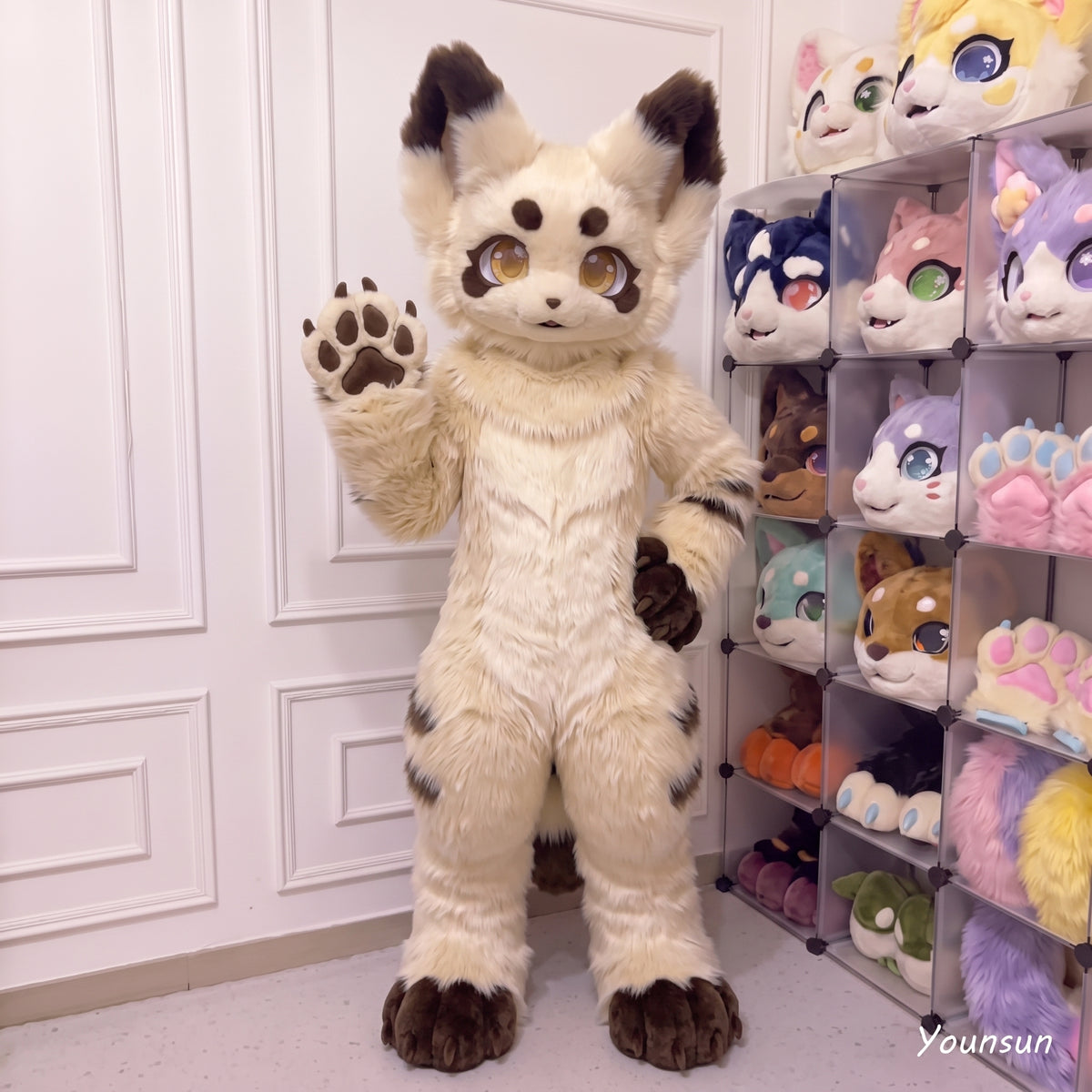 Kemono Fursuit Fullsuit Partial Set, Cute Cream Brown Fox Cat Fursuit Head Paws Tail, Ice Cream Fur Cosplay Suit, Handmade Mascot Gift