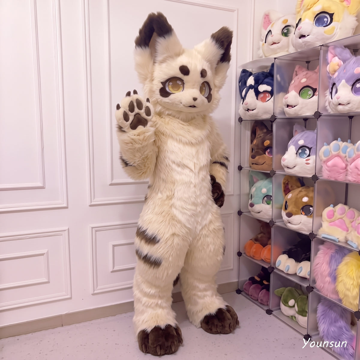 Kemono Fursuit Fullsuit Partial Set, Cute Cream Brown Fox Cat Fursuit Head Paws Tail, Ice Cream Fur Cosplay Suit, Handmade Mascot Gift