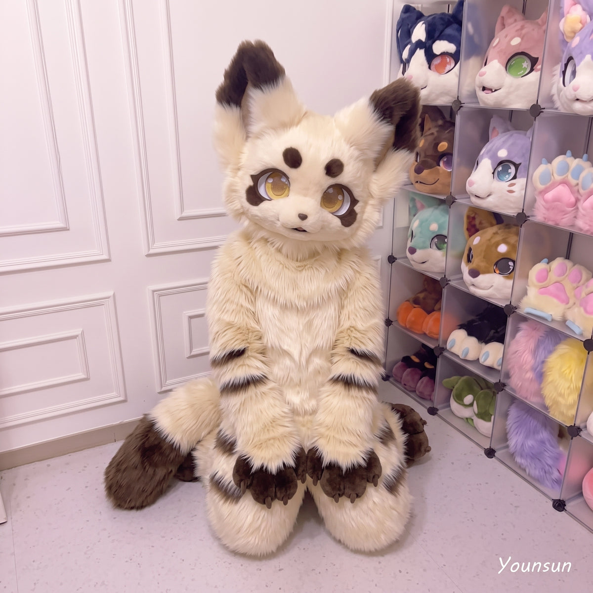 Kemono Fursuit Fullsuit Partial Set, Cute Cream Brown Fox Cat Fursuit Head Paws Tail, Ice Cream Fur Cosplay Suit, Handmade Mascot Gift