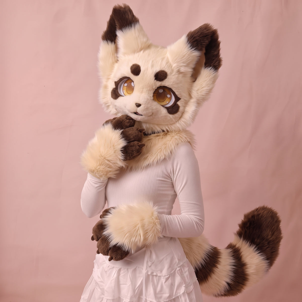Kemono Fursuit Fullsuit Partial Set, Cute Cream Brown Fox Cat Fursuit Head Paws Tail, Ice Cream Fur Cosplay Suit, Handmade Mascot Gift